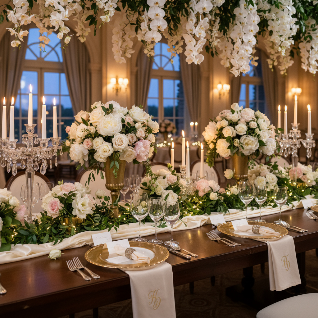 Elegant event table with floral centerpieces and garlands