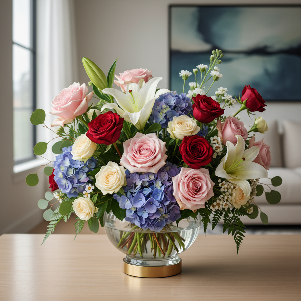 Vibrant, elegant floral arrangement in a modern vase