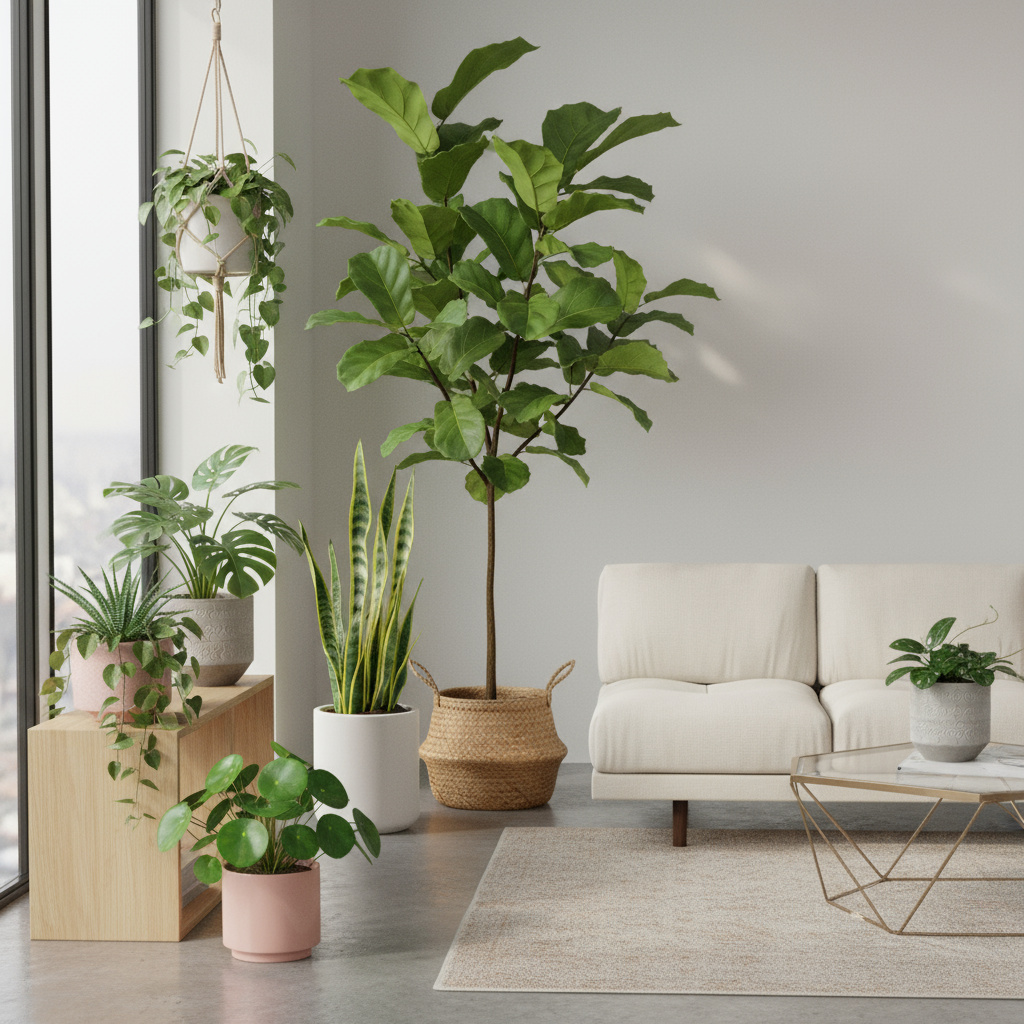 Selection of healthy potted indoor plants
